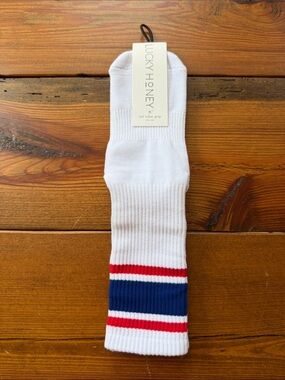 NWT White Tube Socks with Red & Navy Stripes